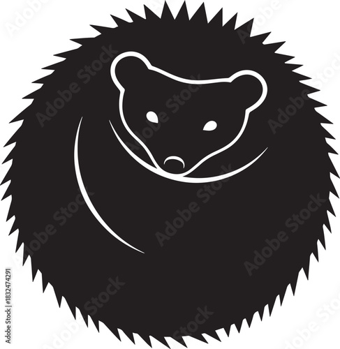 Hedgehog curled into a protective ball, a charming and minimalist line art illustration with a clean black silhouette and delicate white facial details, perfect for modern design and branding.