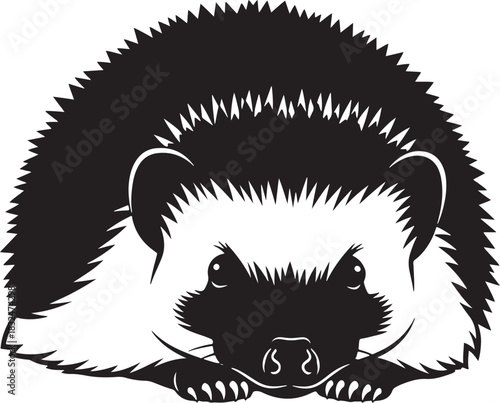 Stylized monochrome vector illustration of a cute hedgehog, with sharp quills and a gentle expression, facing forward on a clean white background.