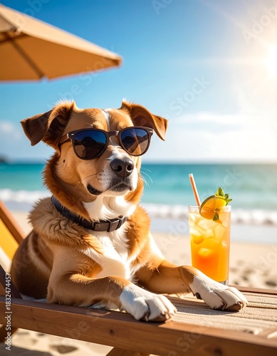 Relaxed dog wearing sunglasses, enjoying a tropical drink on a sunny beach, under an umbrella