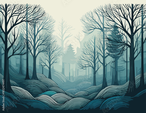 Illustration of a misty forest with bare trees and rolling hills in shades of blue and gray.