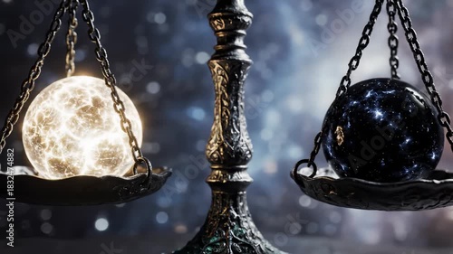 Scales Holding Light and Dark Spheres in Cosmic Balance Display