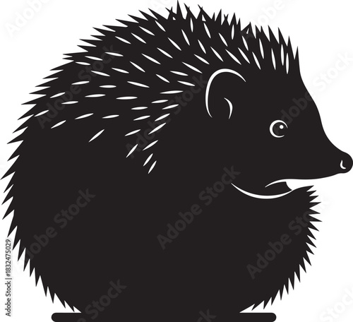 Stylized graphic illustration of a small spiny hedgehog, a nocturnal mammal with distinctive quills, depicted in a bold, clean, black silhouette profile for design.