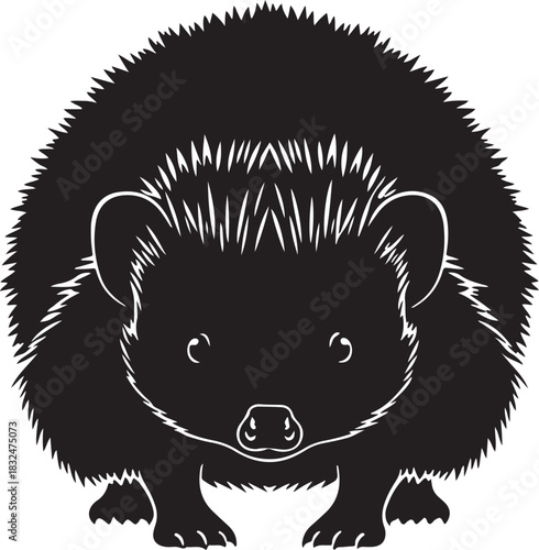 Stylized silhouette vector illustration of a cute hedgehog facing forward, showcasing its characteristic spiky quills and tiny facial features