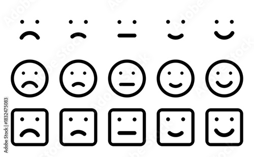 five different moods smiles, round and squared vector icons set, social media post reactions, customer service feedback rating