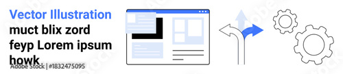 Web development, workflow automation, decision-making, software design, processes, navigation. A webpage layout, directional arrows and gear icons. Web development workflow automation concept