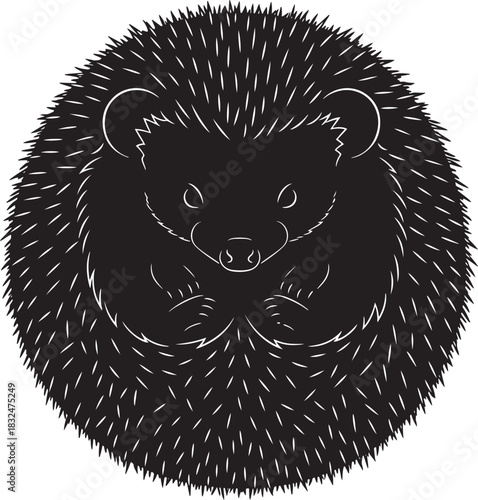 Stylized black hedgehog vector illustration with white outline details, curled up in a defensive or sleeping pose, ideal for children's books or nature themes.