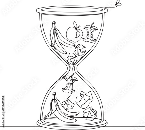 Hourglass filled with decomposing fruit and trash, illustrating decay and the passage of time, urging sustainable waste management and composting practices