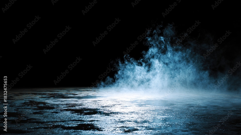 Naklejka premium A dark scene featuring swirling blue mist over a reflective surface, creating a mysterious and atmospheric effect.
