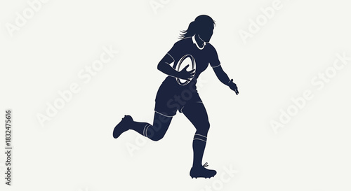 Athletic female rugby player in a dynamic running pose, holding the ball, embodying the spirit of womens sports and active competition