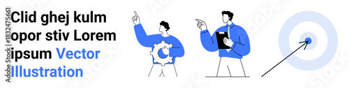 Business strategy, decision making, leadership, goal setting, target achievement, teamwork. Two individuals pointing and holding a gear and clipboard alongside a target with an arrow. Leadership