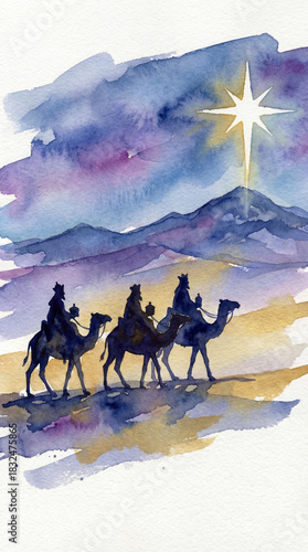 Vertical Epiphany Card: Watercolor Silhouettes of the Three Wise Men on Camels Under the Star of Bethlehem.
