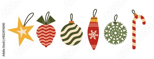 Christmas tree decorations vector set. Golden star, striped ball, snowflake, candy cane on a loop. Colorful glass ornaments for New Year, winter holidays. Hand drawn cartoon clipart isolated on white
