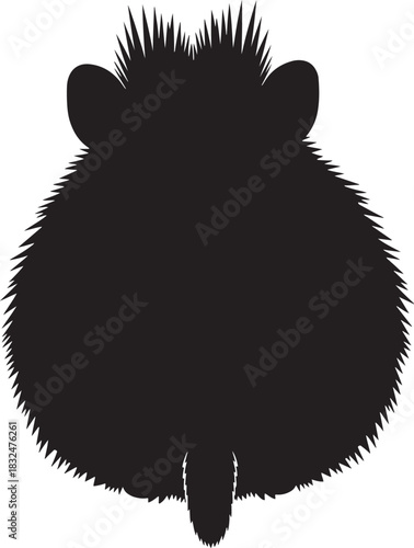 Black silhouette vector art of a fluffy domestic rodent with spiky fur, seen from the back. isolated on a white background, perfect for pet-related designs and icons.