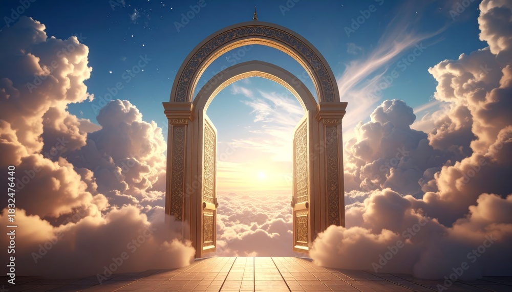 Fototapeta premium A majestic golden archway opens into a bright, ethereal sky filled with soft, glowing clouds, suggesting a heavenly gateway or portal.