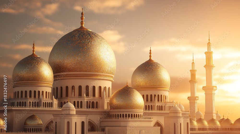 Obraz premium Golden domes adorn a white building against a sunset sky in a serene scene, , Mosque or Masjid background for Ramadan and Eid