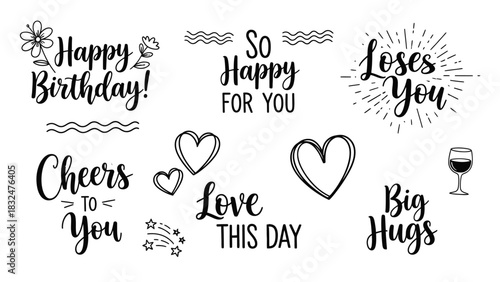 Collection of hand-lettered greetings and decorative elements for various occasions.