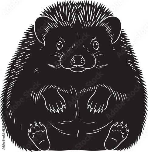 A friendly, cute, stylized black hedgehog illustration, sitting upright with a smiling face, rendered in clean line art for a charming and playful animal design asset.