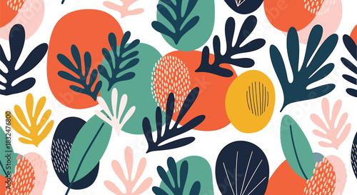 A vibrant and playful abstract seamless pattern featuring colorful botanical elements, including various leaf shapes and organic blobs in a modern artistic design
