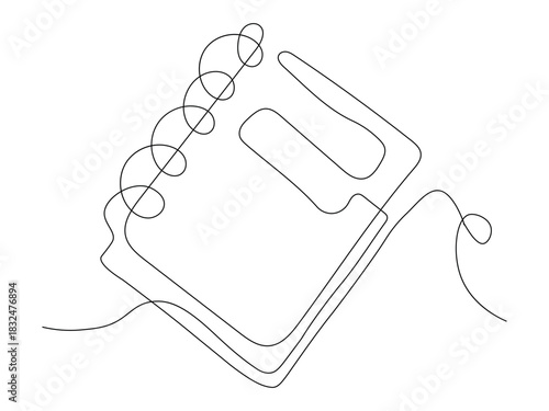 Continuous line drawing of a notepad for writing and planning organization with spiral binding in minimalist style for graphic design and creative projects conveying simplicity and elegance