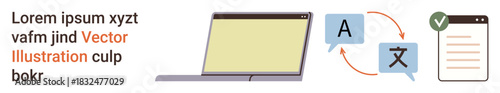 Language services, digital tools, content creation, translation, communication, documentation. Laptop, translation icons checklist. Language services and digital tools concept