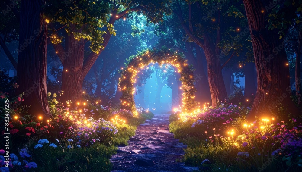 Naklejka premium Enchanted forest path at night with a glowing archway and luminous flowers, creating a magical and mystical atmosphere.