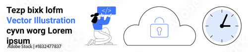 Data protection, coding education, cloud computing, time management, cybersecurity, digital learning. A person holding coding symbols, a cloud with a lock and a clock. Cloud computing and data