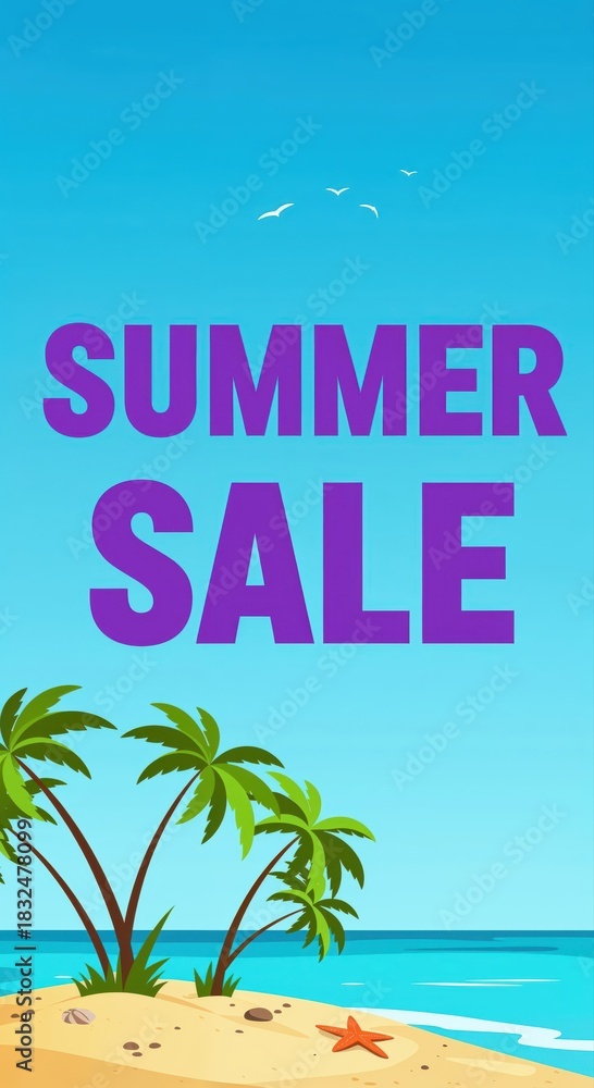Obraz premium Tropical Summer Sale: A captivating design entices shoppers with the promise of sun-soaked savings, featuring lush palm trees, the gentle lapping of waves, and vibrant summer imagery.