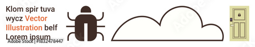 Data storage, software bugs, security concepts, digital integration, user experience, passwords. A bug, cloud and door with placeholder text. Data storage and software bugs visualization