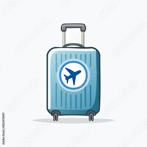Blue travel suitcase with airplane symbol for vacation.