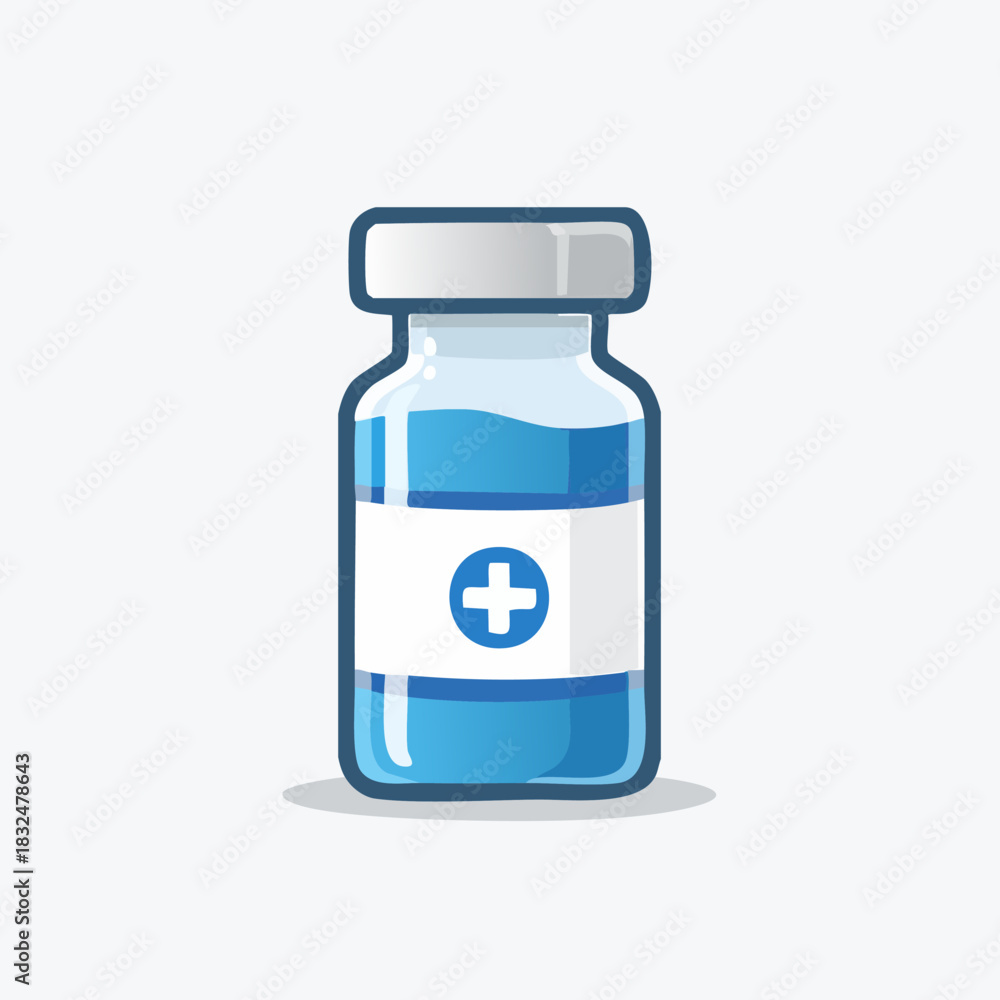 Obraz premium Blue Vial of Medicine with White Cross Symbol.