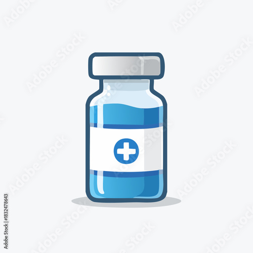 Blue Vial of Medicine with White Cross Symbol.