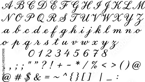 Complete Cursive Calligraphy Alphabet, Numbers, and Punctuation Marks Vector Set for Elegant Wedding Invitations, Vintage Signage, and Graphic Design Projects