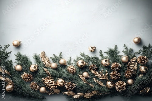 Elegant flat lay of pine branches, gold baubles, and pinecones framing a clean white space, perfect for holiday design and text.