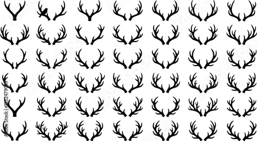 Large Collection of Detailed Deer and Stag Antler Silhouettes, Featuring Various Shapes and Sizes, Perfect for Rustic Hunting, Christmas, and Wildlife Design Projects