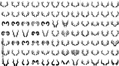 Massive Collection of Various Horns and Antlers Silhouettes, Including Deer, Ram, and Goat Styles, Perfect for Hunting, Wildlife, and Rustic Logo Design