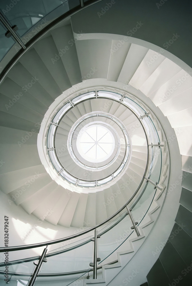 Fototapeta premium Architectural white spiral staircase with glass and steel railing, viewed from above, centering on a bright circular skylight.