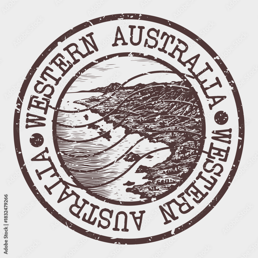 Obraz premium Western Australia Region Landscape Scene Stamp Vector.