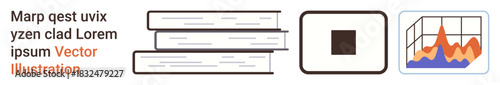 Data science, education, statistics, analysis tools, library resources, information management. An illustration stacked books, a square block and a graphical chart. Data science and education