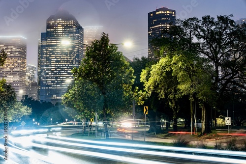 View of Downtown Houston near Allen Parkway and Eleanor Tinsley Park During the Rain