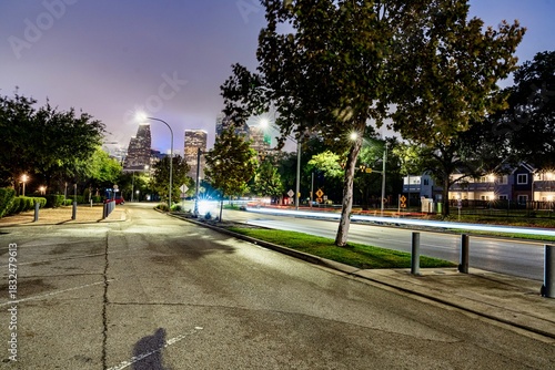 View of Downtown Houston near Allen Parkway and Eleanor Tinsley Park During the Rain