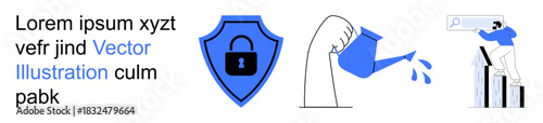 Data protection, growth planning, market analytics, business performance, cybersecurity, information security. Lock symbol on shield, hand watering plants person analyzing graph. Data protection