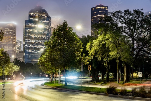 View of Downtown Houston near Allen Parkway and Eleanor Tinsley Park During the Rain