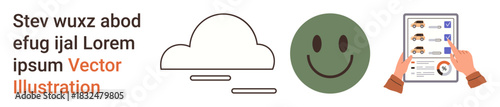 Data analysis, user feedback, cloud storage, online reviews, business communication, customer satisfaction. A cloud, green happy face and hands holding user analytics sheet. Data analysis and user