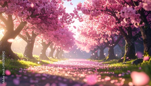 A serene path lined with vibrant pink cherry blossom trees, with petals scattered on the ground under a soft, glowing light, evoking a peaceful spring morning.