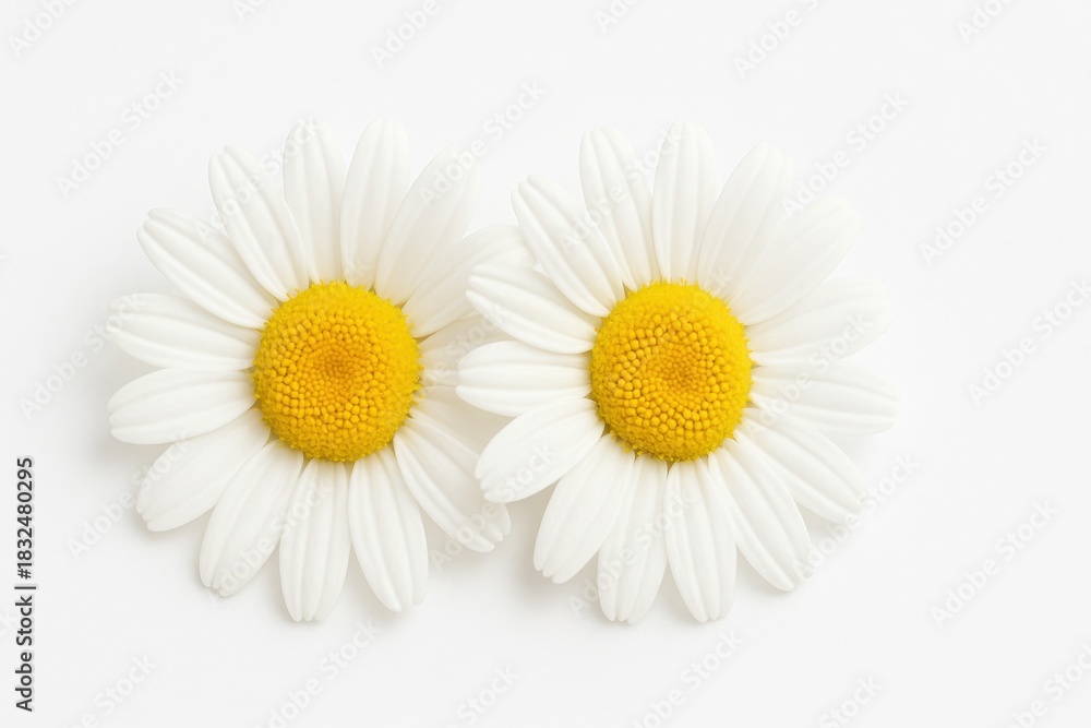 Obraz premium Close up two chamomile oxeye daisy flowers with overlapping petals centered on bright clean white background