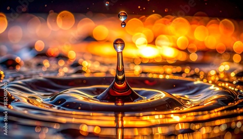 A single water drop creating a perfect splash and ripple effect on a dark surface with warm bokeh lights in the background.