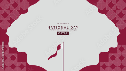 Minimalist Qatar National Day Maroon and White Poster with Geometric Pattern Borders Curved Frame Shape and Flag Silhouette for Celebration Banner and Cultural Event Background