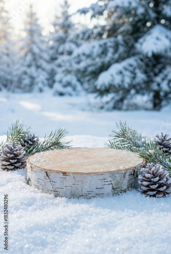 Wallpaper Mural Wooden product podium in fresh white snow with pine cones and evergreen branches. Perfect for winter product display, Christmas, or nature themes. Torontodigital.ca