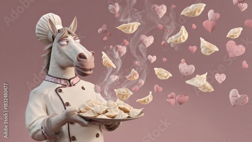 3D Horse Chef Holding a Plate of Food