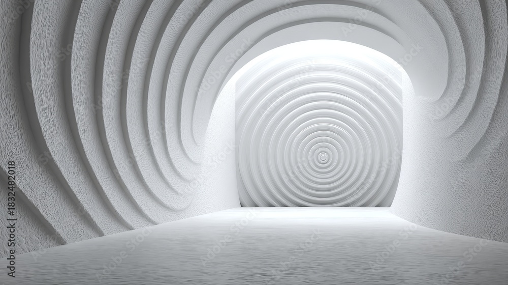 Naklejka premium Minimal white neutral background with subtle spiral pattern and clean white floor, soft even lighting, simple elegant composition, modern abstract design, spacious and calm atmosphere.